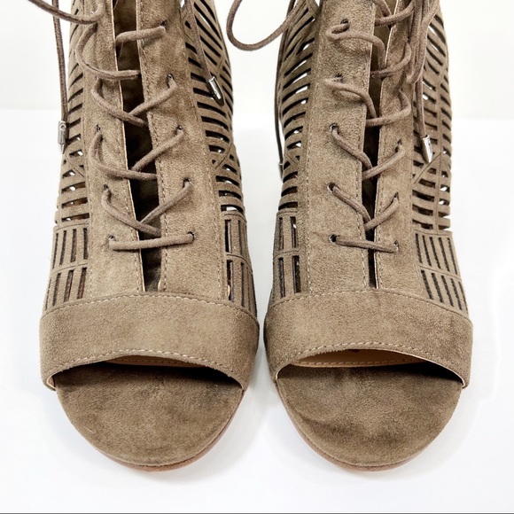 Sam Edelman Rocco Lace Up Heel Sandals Taupe Laser Cut Faux Suede Booties - Picture 5 of 10